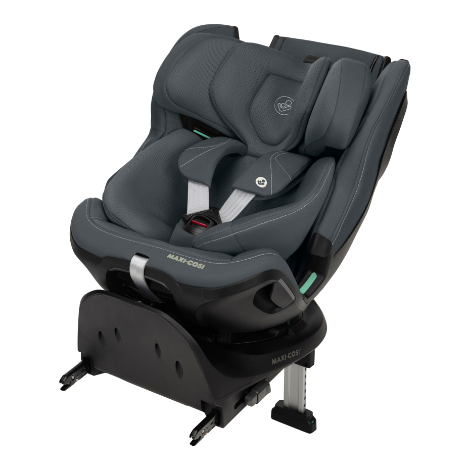Cadeira auto infantil Maxi-Cosi cinza com arnês e base ISOFIX preta