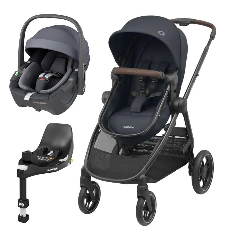 Carrinho de bebé azul-escuro com ovo porta-bebé e base