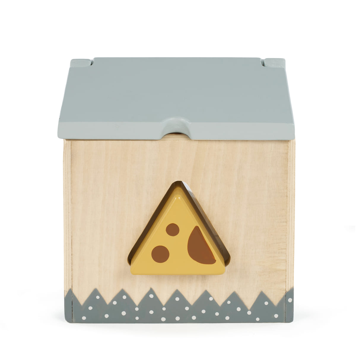 Caixa de madeira com tampa cinza e abertura triangular com desenho de queijo