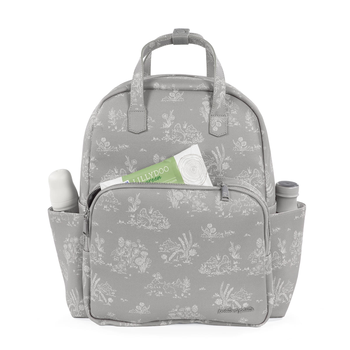 Mochila cinzenta com padrão floral branco e bolso frontal