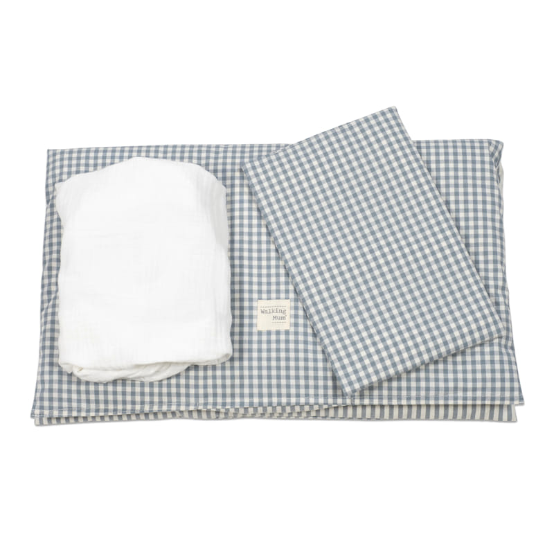 Conjunto de têxteis para bebé com padrão de quadrados pequenos azul e branco e tecido branco