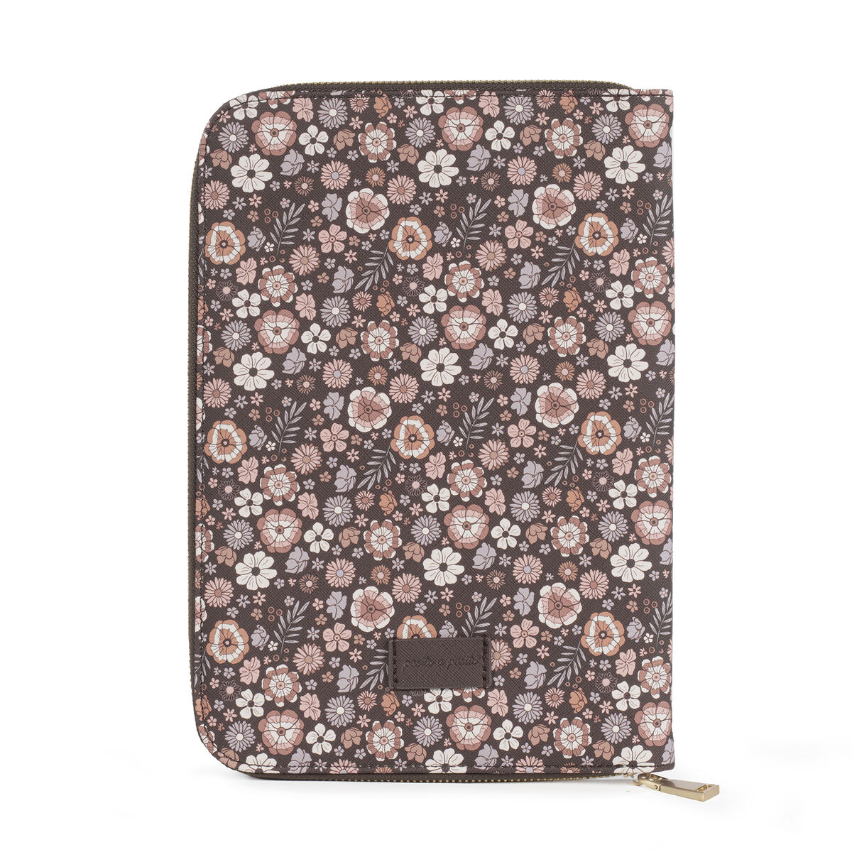 Bolsa com padrão floral castanho, branco e rosa com fecho dourado