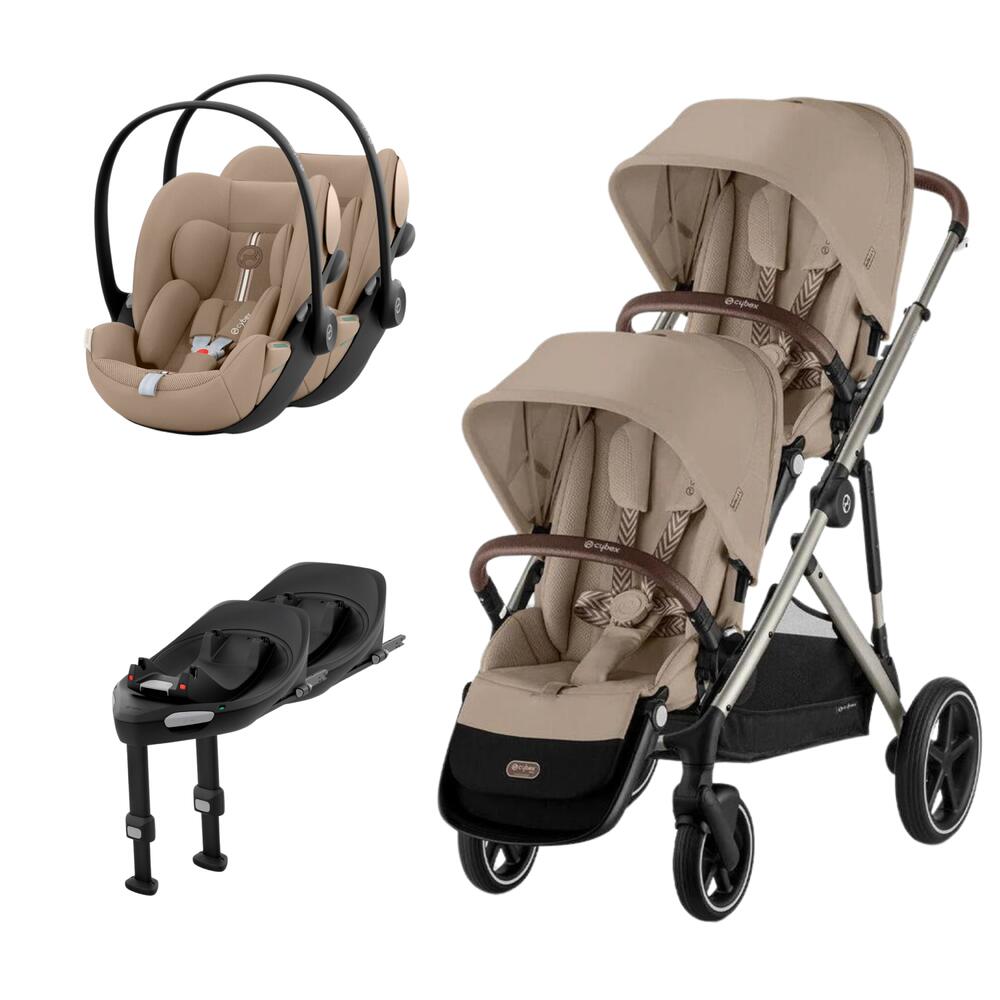 Carrinho duplo de bebé bege com cadeirinha e base negra