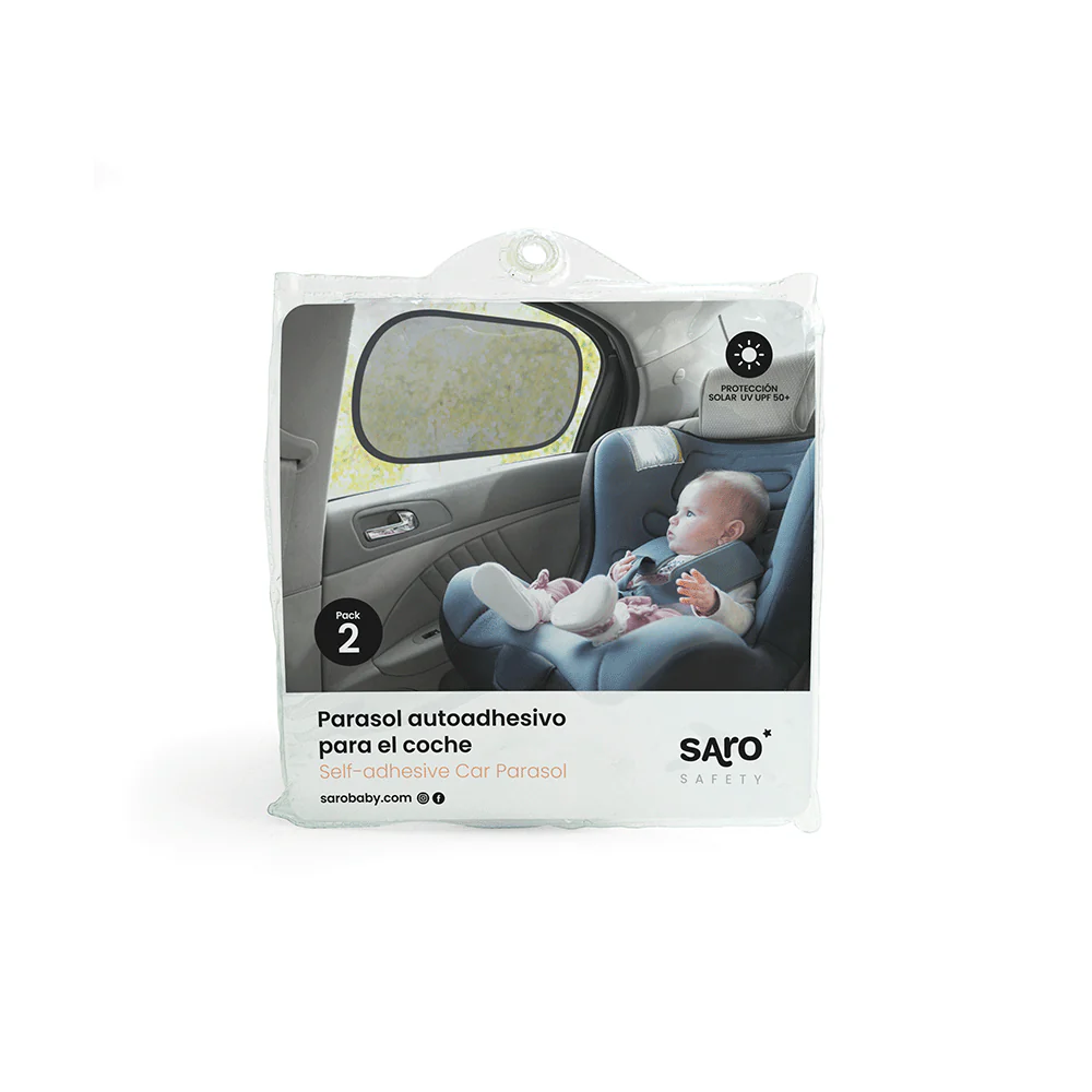 Parasol auto-adesivo para carro em embalagem com imagem de bebé numa cadeira de carro