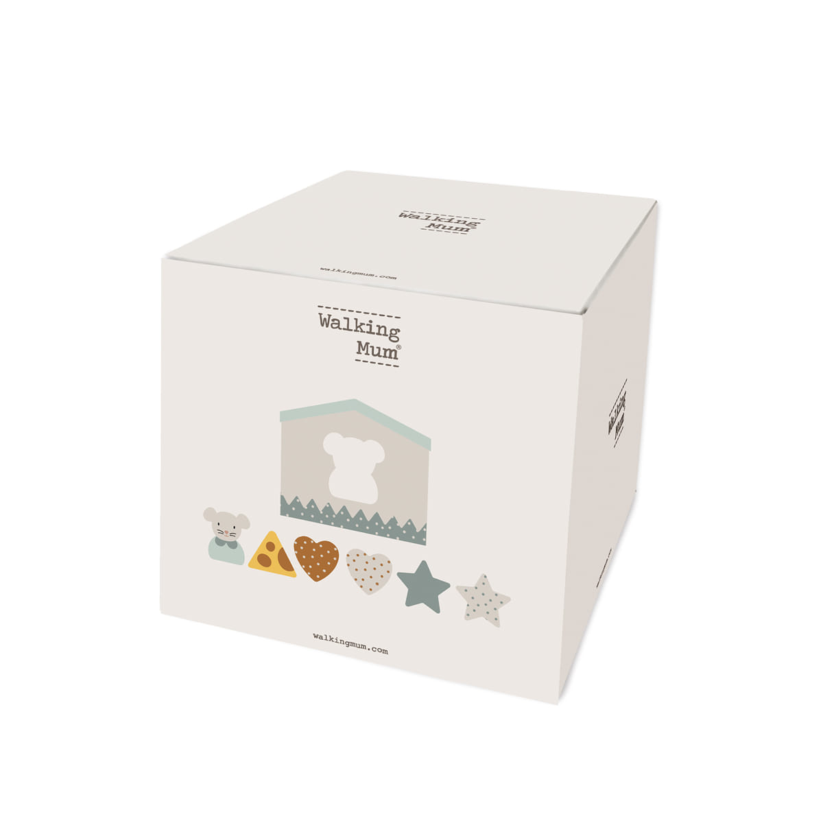 Caixa branca de cartão com ilustrações coloridas e marca Walking Mum