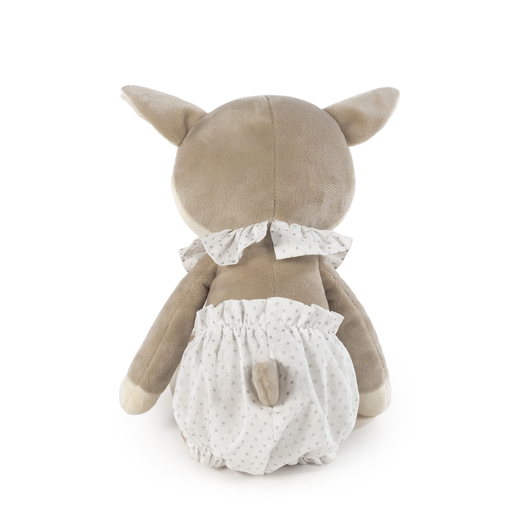 Pelúcia castanho claro em forma de animal de costas com roupa branca pontilhada