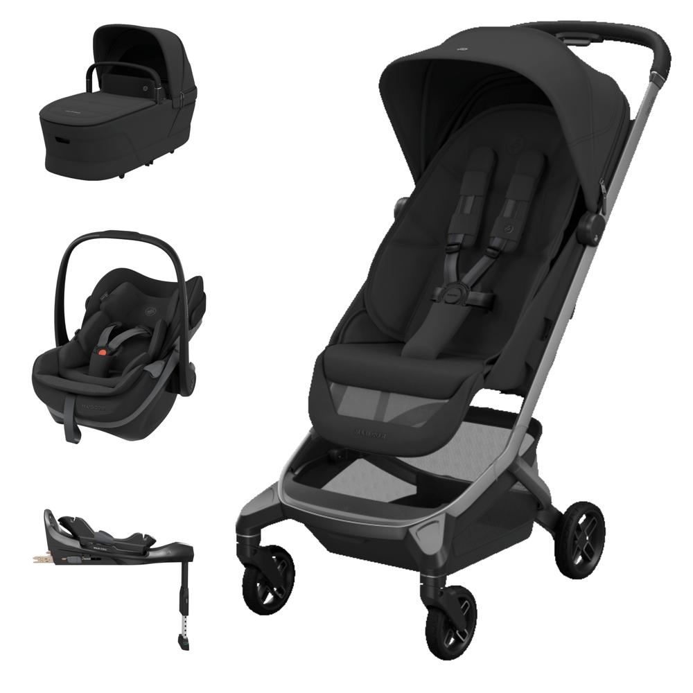 Conjunto de carrinho de bebé preto com acessórios