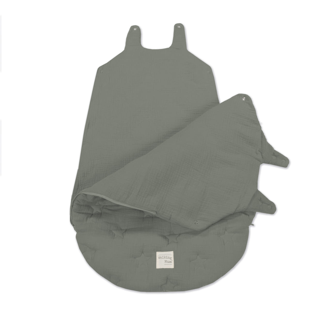 Saco de dormir para bebé cinzento com alças e rótulo branco