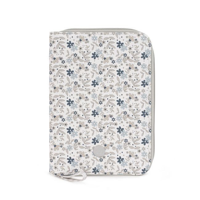 Estojo floral com fecho de correr e padrão em azul, bege e cinza