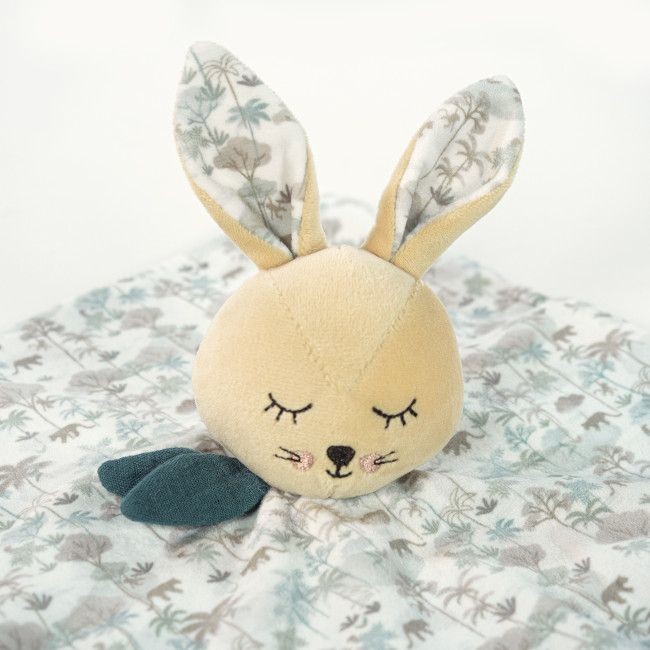 Manta de bebé com cabeça de coelho e padrão floral azul e cinzento