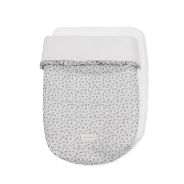 Saco de cama para bebé branco e estampado com flores pequenas cinzentas e borda xadrez cinza e branco