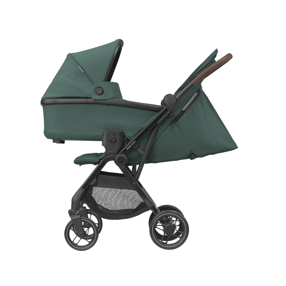 Carrinho de bebé verde escuro com estrutura preta e rodas, com capota e assento reclinável