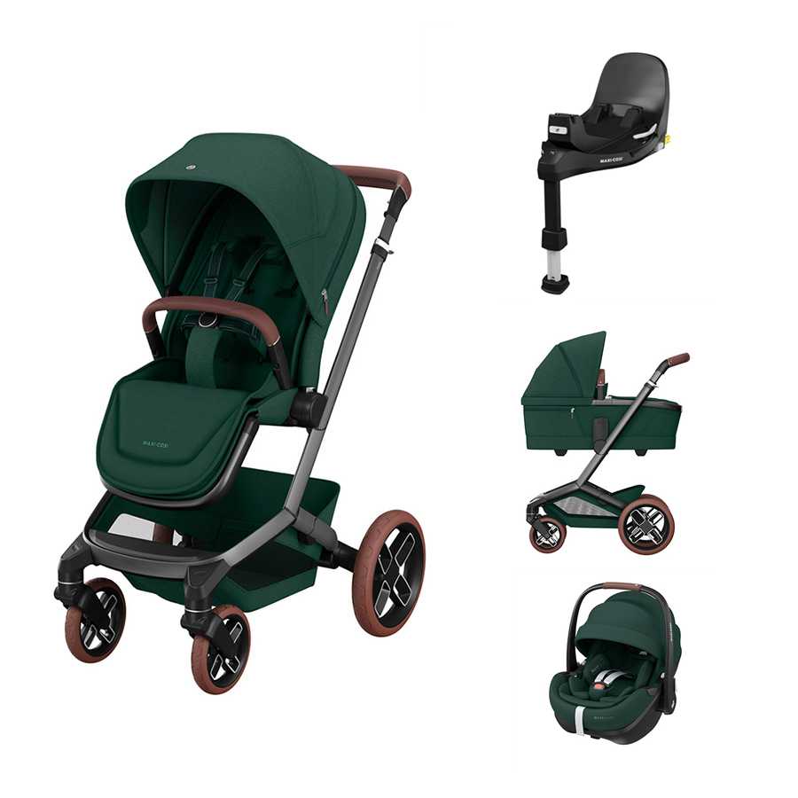 Conjunto de carrinho de bebé verde escuro com vários acessórios