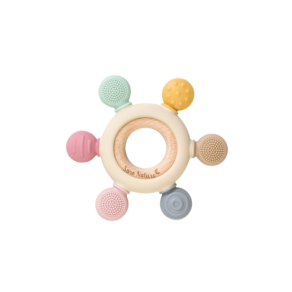 Mordedor para bebé em madeira e silicone colorido com texturas