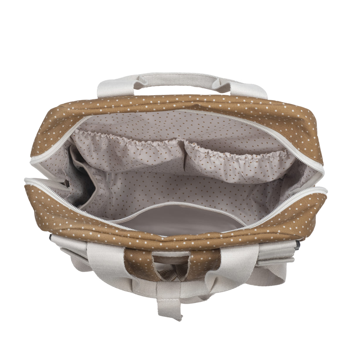 Mala castanha com pontos brancos e interior cinzento com bolsos