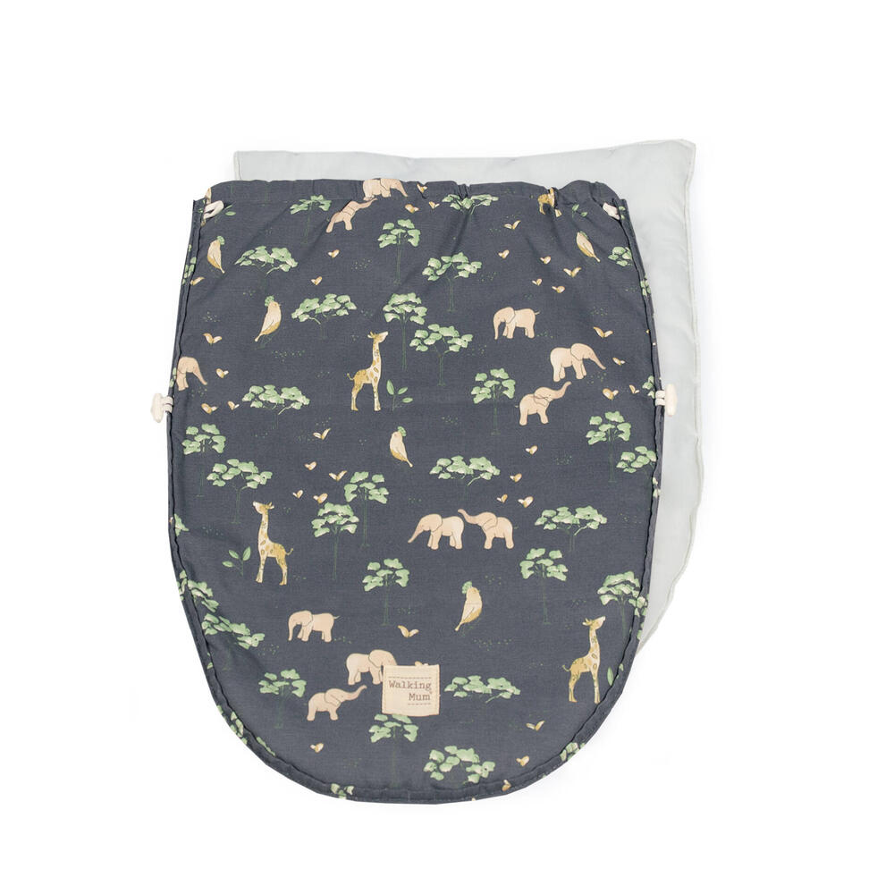 Envolvente para saco de dormir para bebé azul com padrão de animais e interior branco.