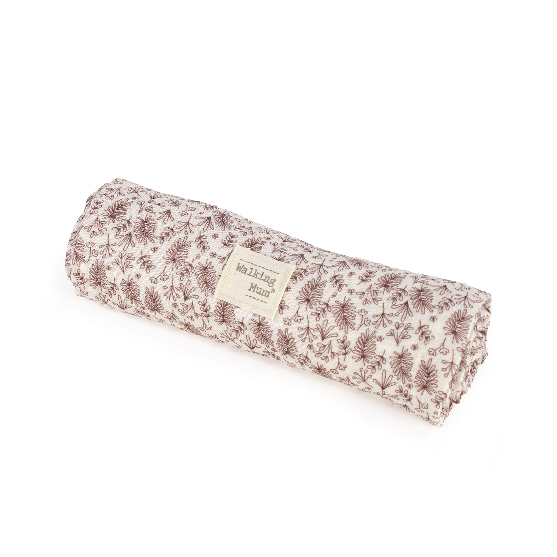 Pano de tecido com padrão floral castanho e etiqueta Walking Mum