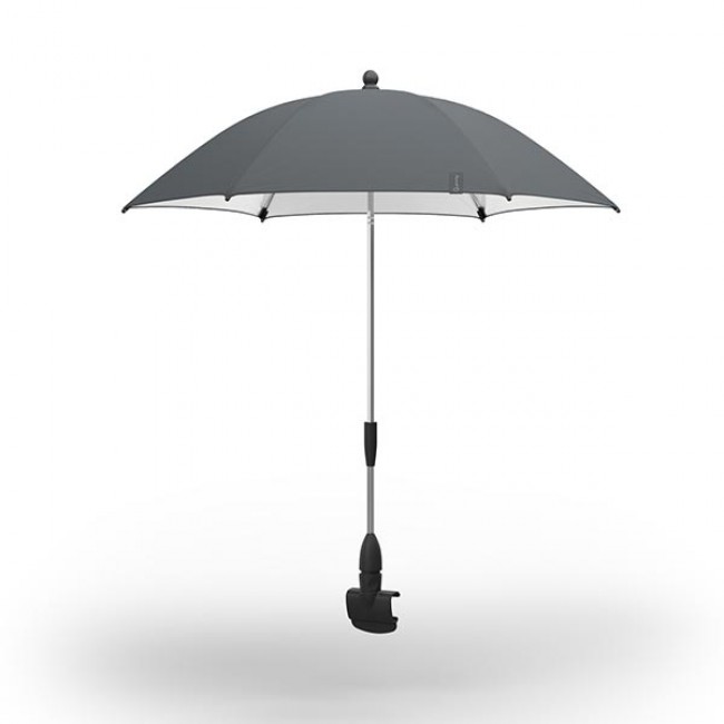 Guarda-chuva cinza com haste metálica e pega preta com suporte