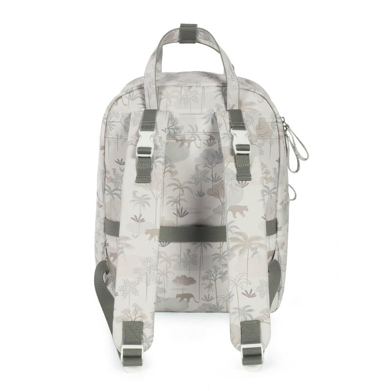 Mochila cinzento claro com padrão de animais e plantas vista por trás