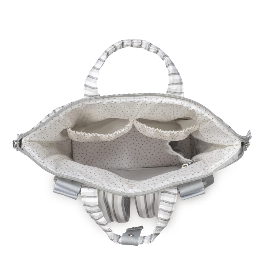 Vista interior de bolsa de mão às riscas com bolsos internos