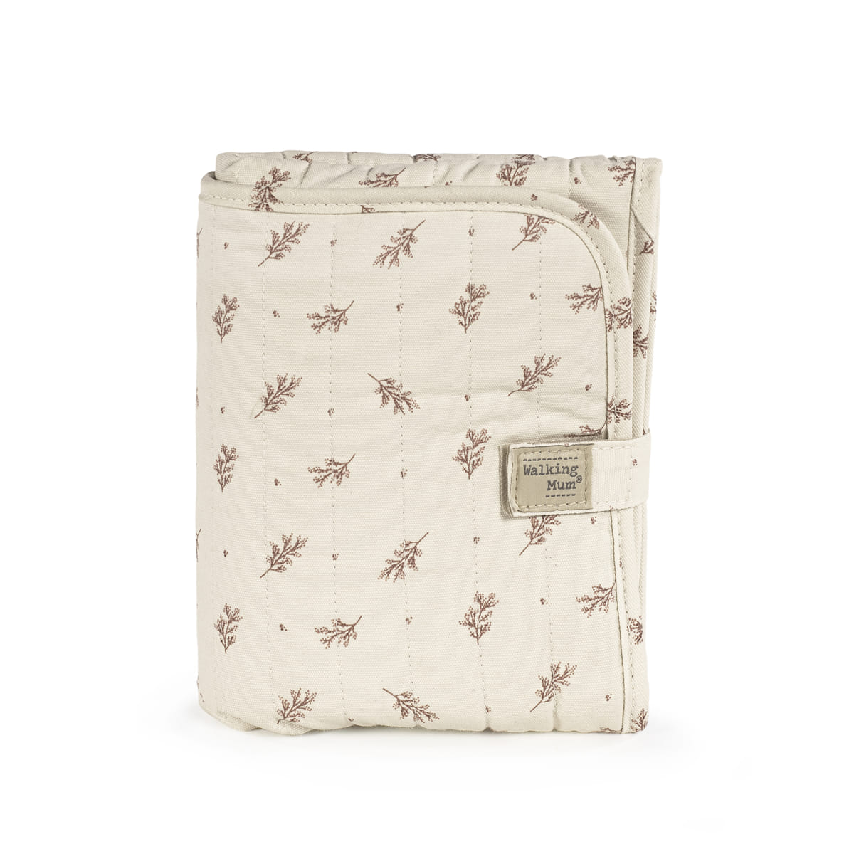 Organizador de tecido bege com padrão de folhas castanhas e etiqueta Whittling Mum