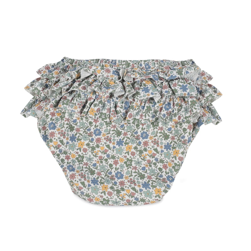 Cueca de bebé com padrão floral colorido e folhos na cintura