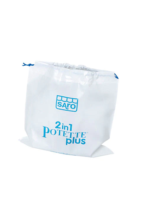 Saco branco com texto azul SARO 2in1 POTETTE plus