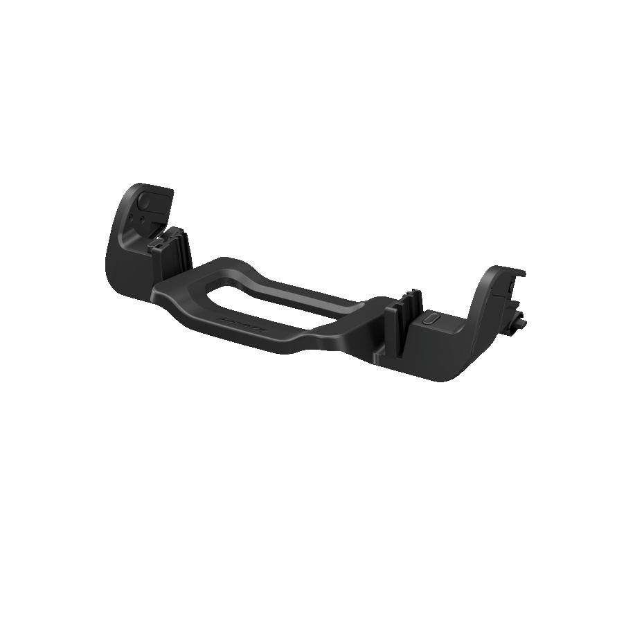 Suporte plástico preto ergonómico sobre fundo branco