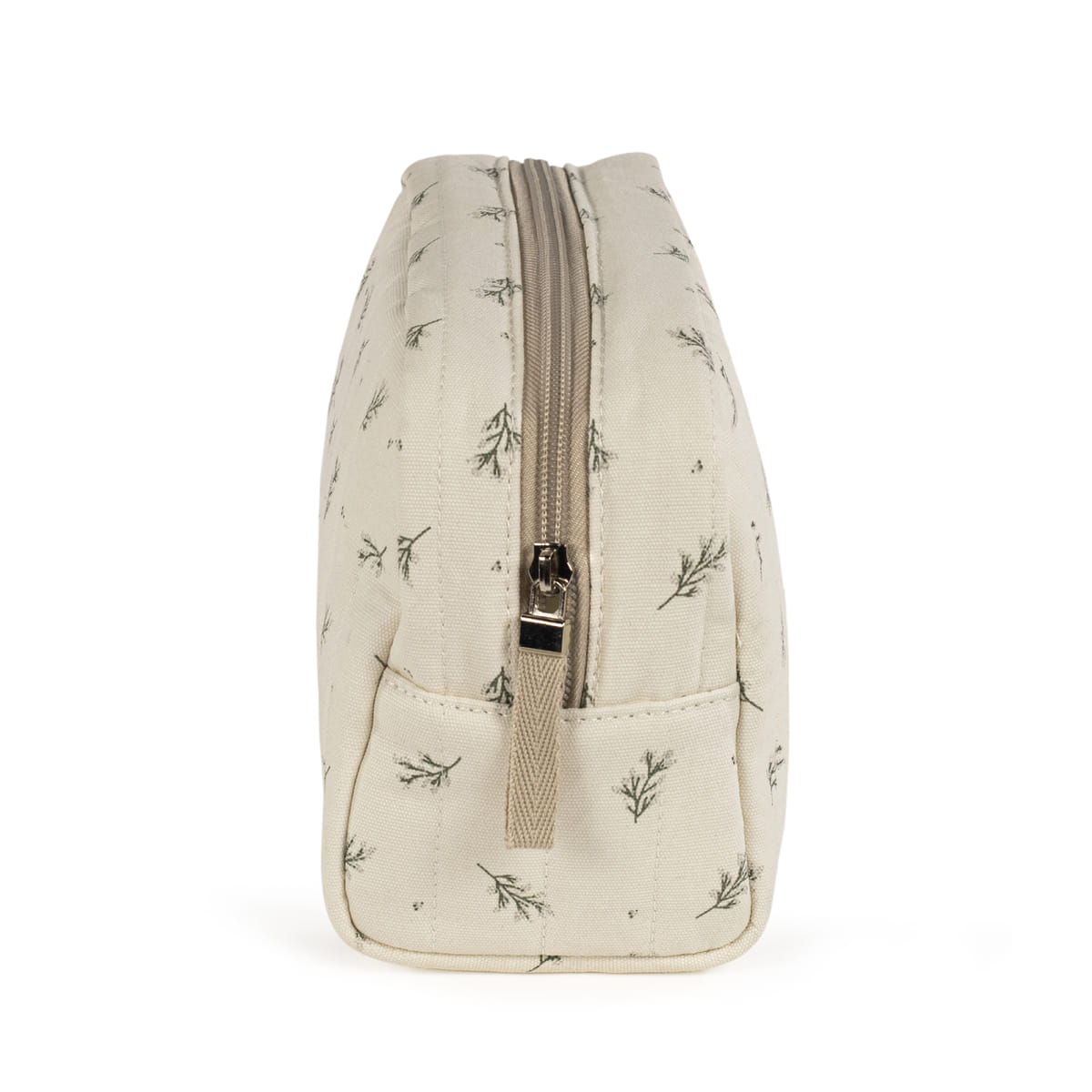 Necessaire bege claro com padrão de ramos verdes e fecho de correr