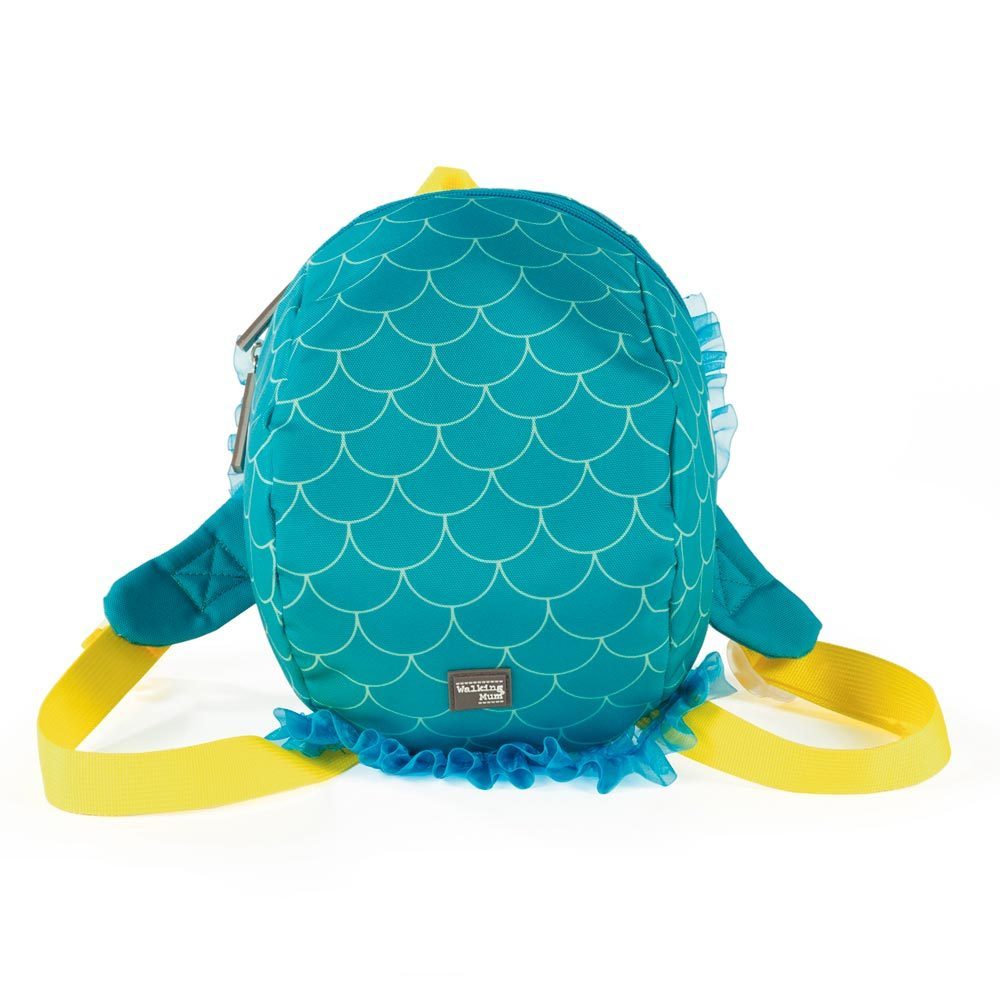 Mochila infantil azul-turquesa com padrão de escamas e alças amarelas
