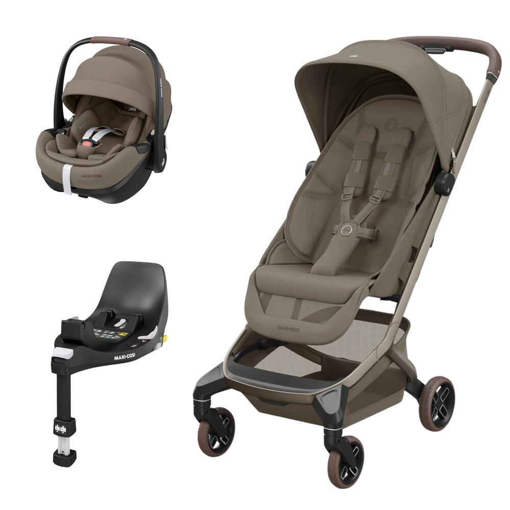 Conjunto para bebé Maxi-Cosi castanho com carrinho, cadeirinha auto e base de fixação