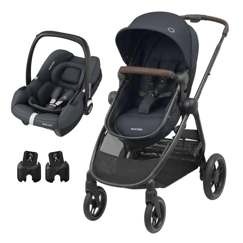 Carrinho de bebé e cadeirinha auto Maxi-Cosi pretos com detalhe castanho no guiador