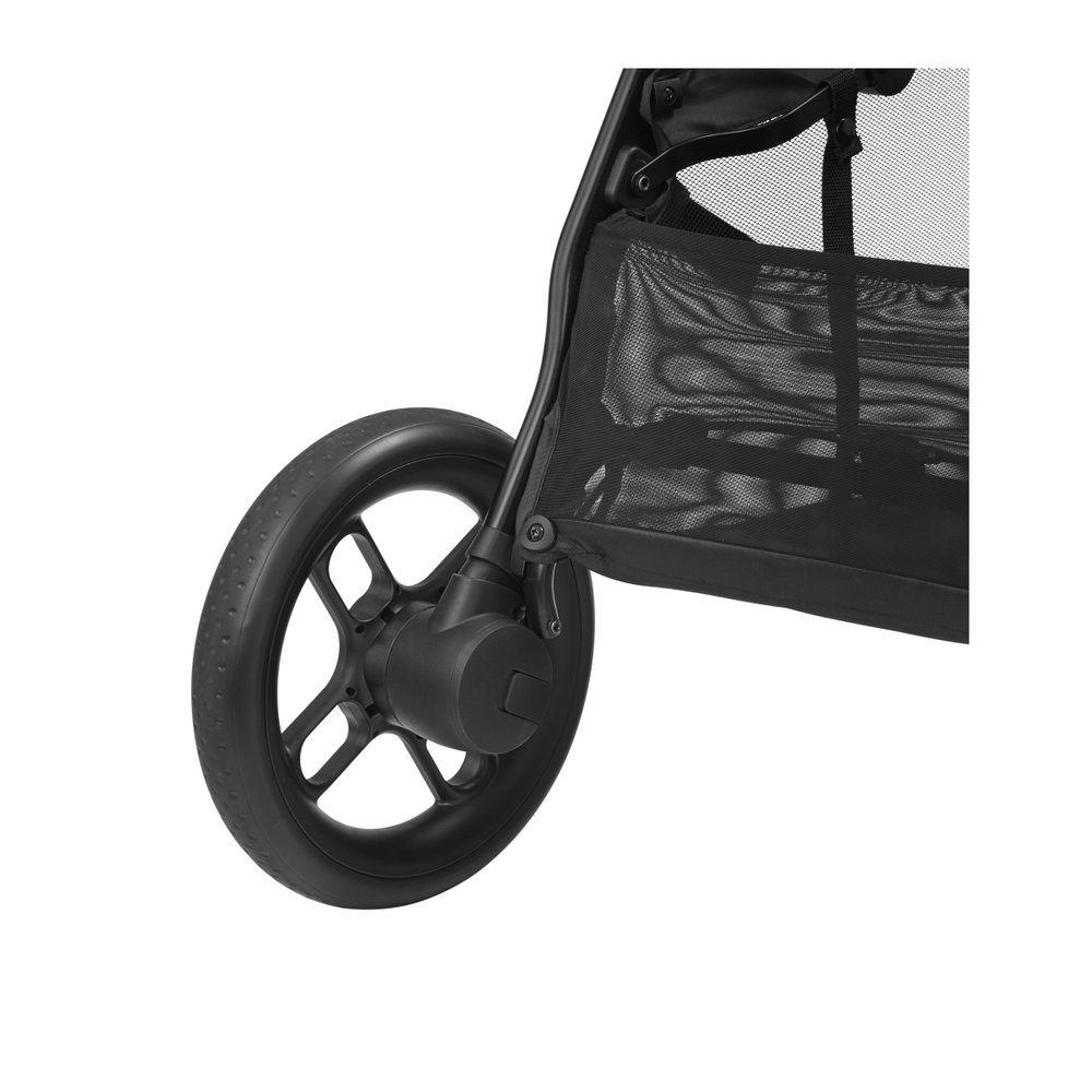 Roda preta grande de carrinho com aro de cinco raios e pneu liso