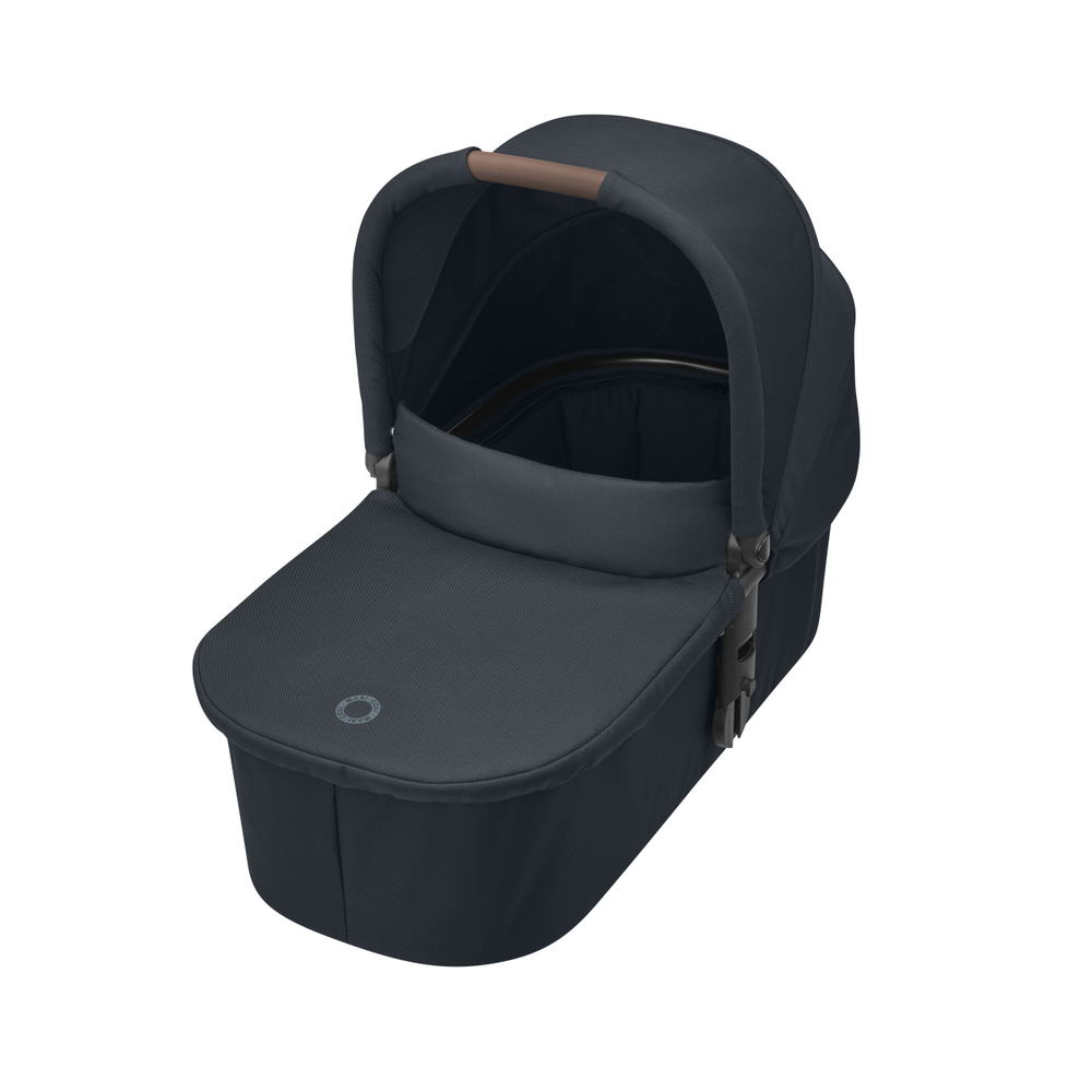 Carrinho de bebé mêsês preto com capota e pega castanha