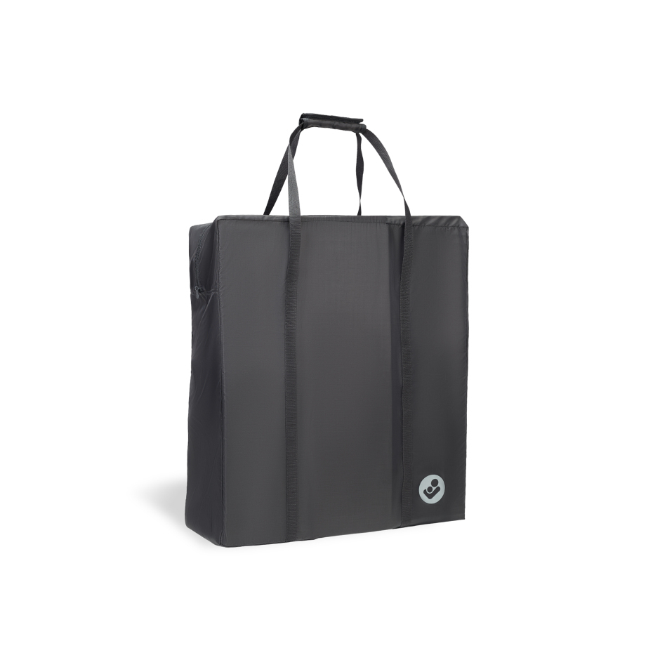 Saco de transporte preto quadrado com alças e símbolo branco