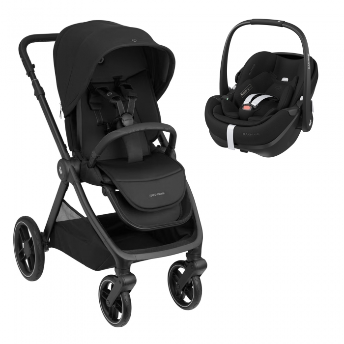 Carrinho de bebé preto com assento acolchoado e maxi-cosi compatível