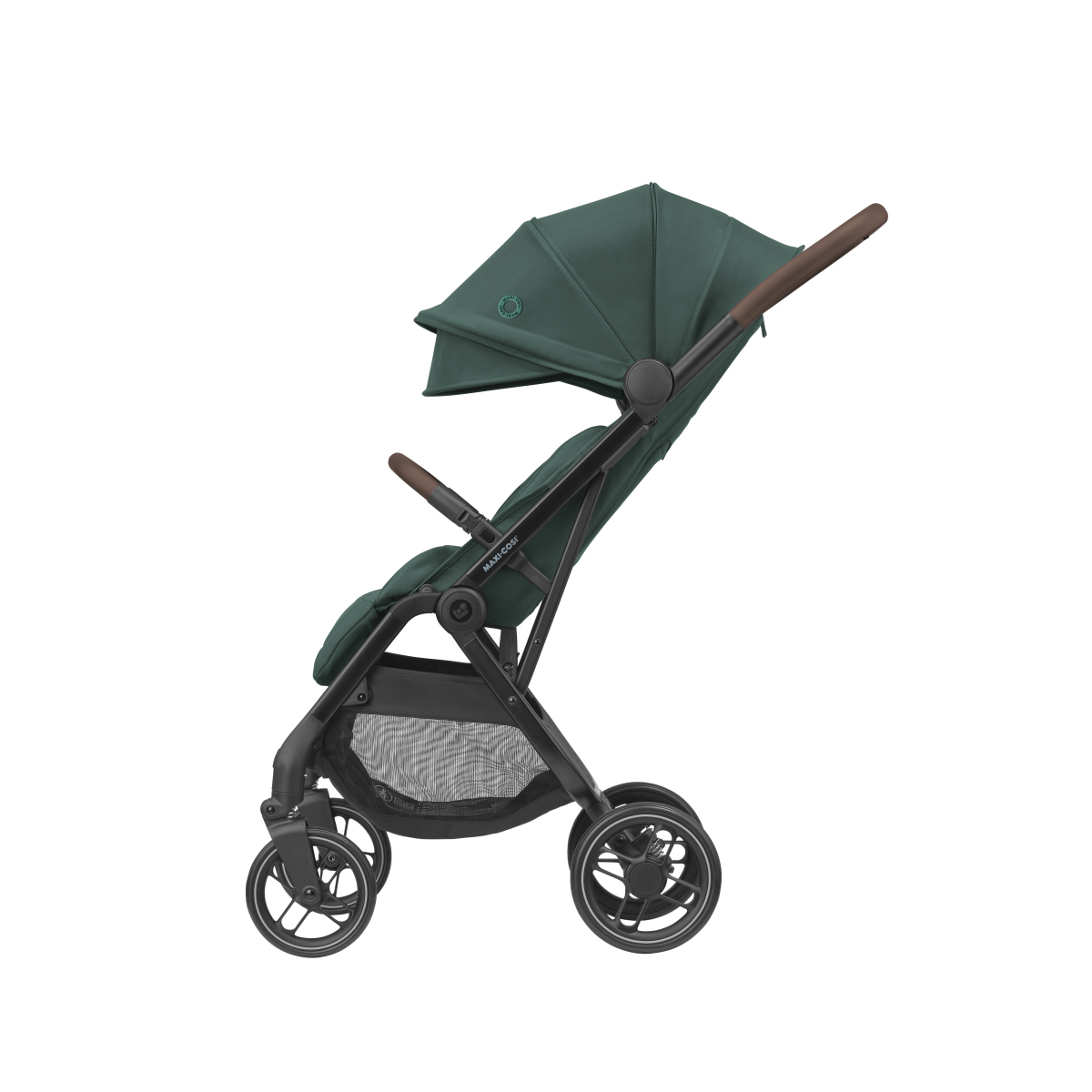 Carrinho de bebé verde escuro com estrutura preta e punhos em castanho