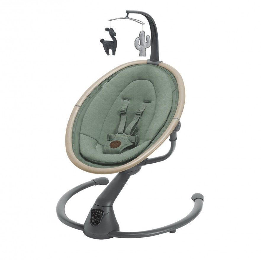 Cadeira de bebé suspensa verde e cinza com móbil de animais.