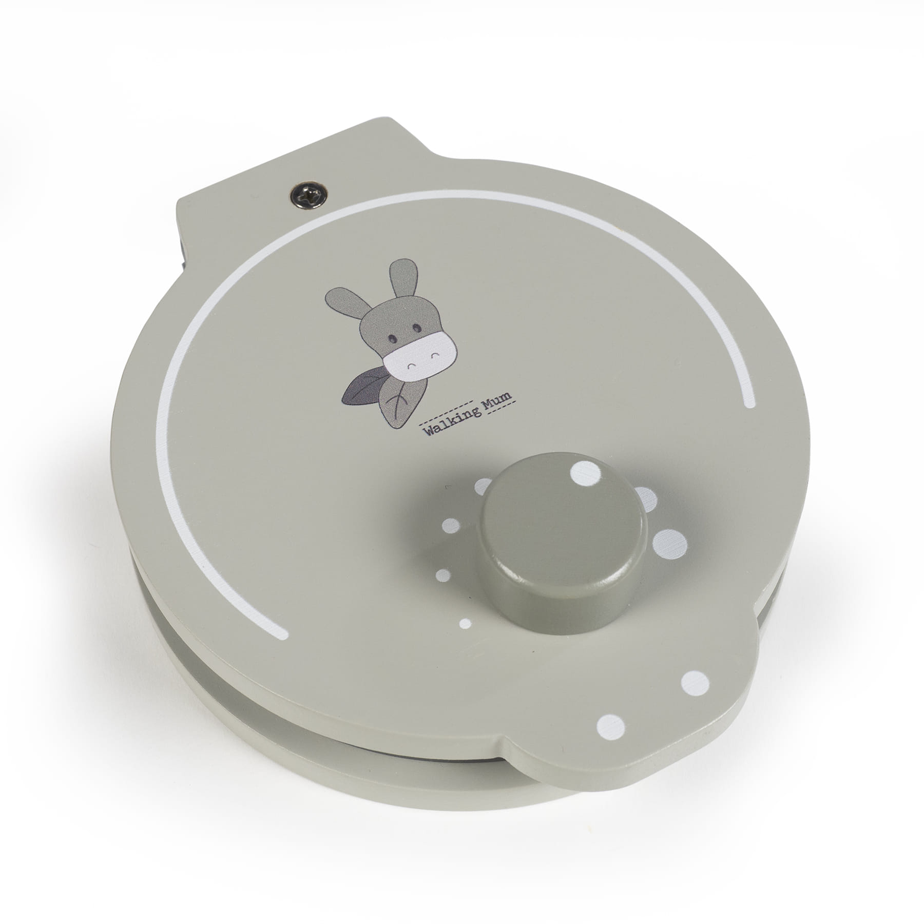 Rolo de fita métrica cinzento com desenho de burro e texto Walking Mum