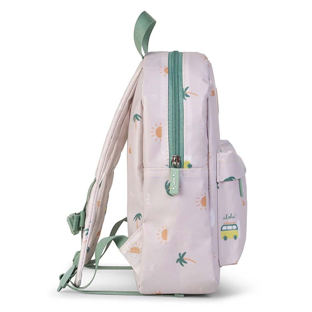 Mochila infantil rosa clara com padrões de sol e folhagens e bolso frontal