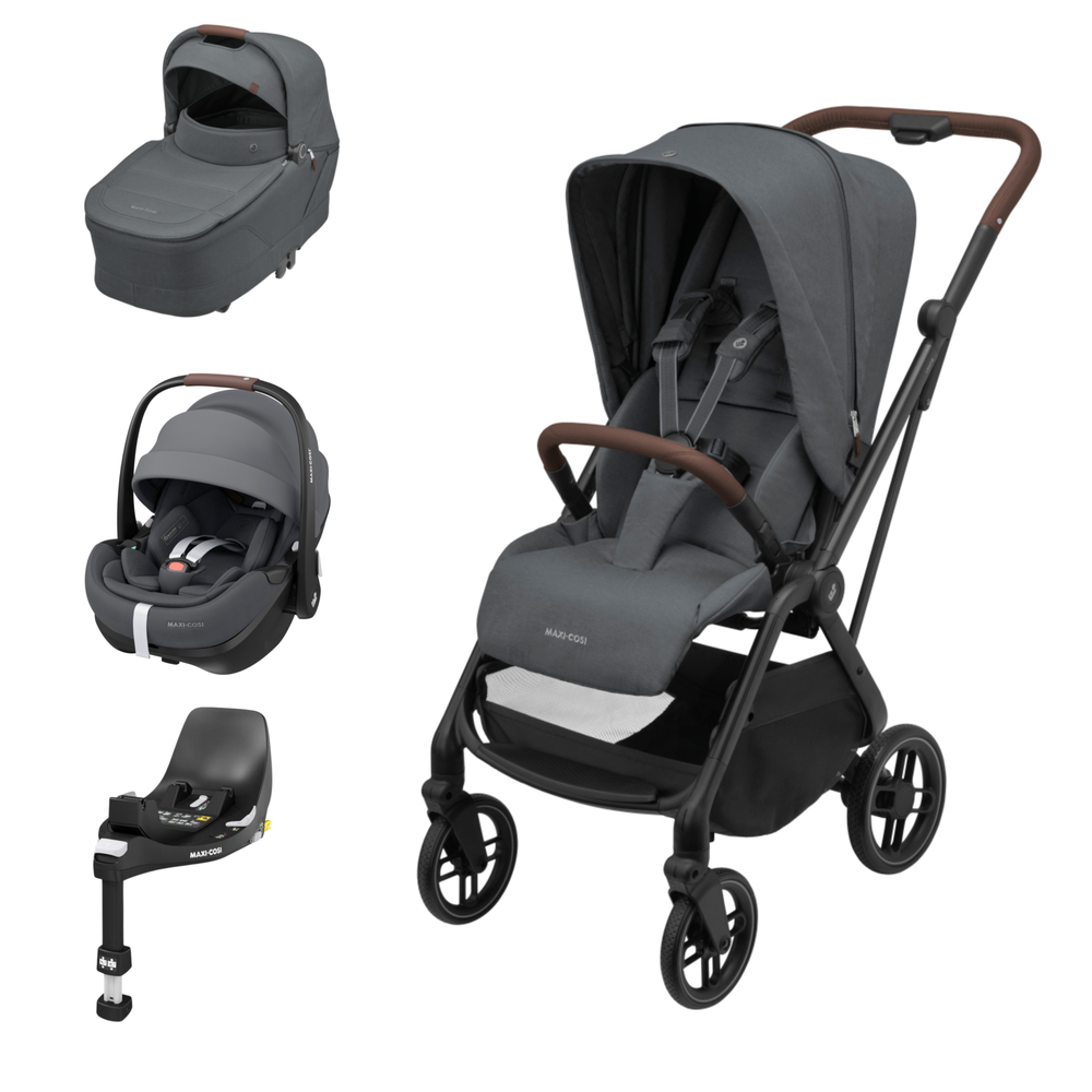 Conjunto de carrinho de bebé cinzento com ovo e alcofa, detalhes castanhos