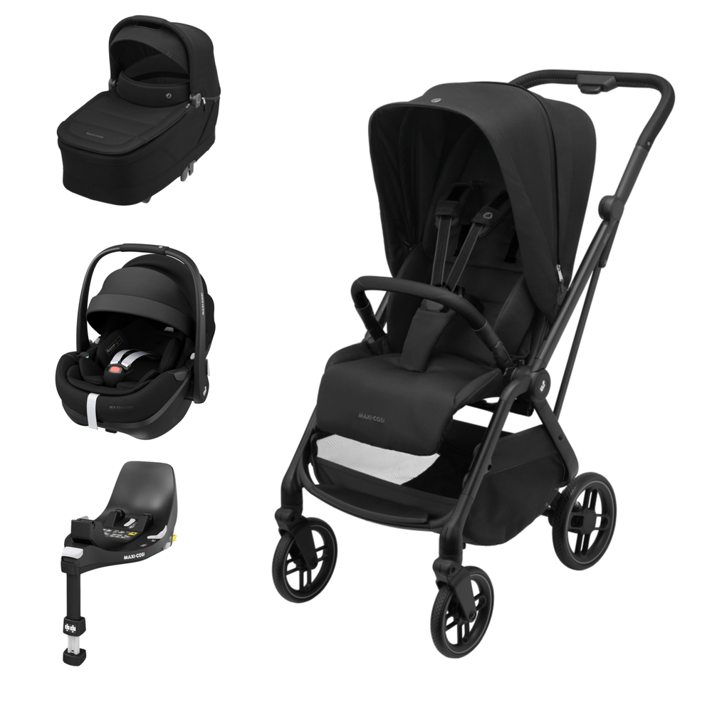 Conjunto de carrinho de bebé preto Maxi-Cosi com alcofa, cadeira auto e base
