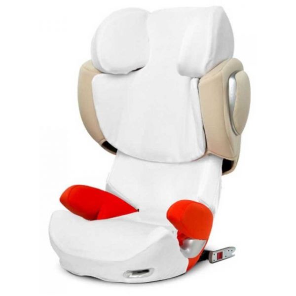 Cadeira auto branca para criança com detalhes em vermelho e bege