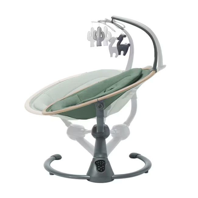 Cadeira baloiço para bebé verde com estrutura cinzenta e brinquedos pendurados em forma de cacto e animais