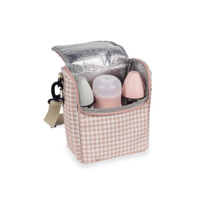 Bolsa térmica xadrez rosa e branco com três biberões coloridos