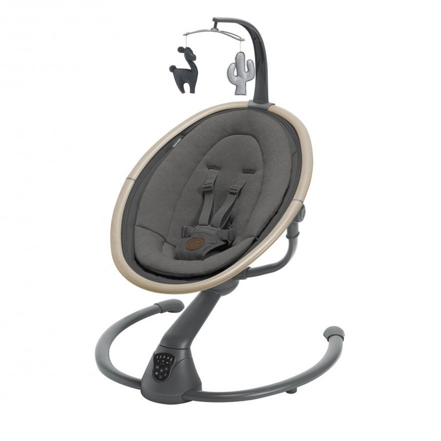 Cadeira de bebé cinzenta com assento acolchoado e brinquedos pendurados