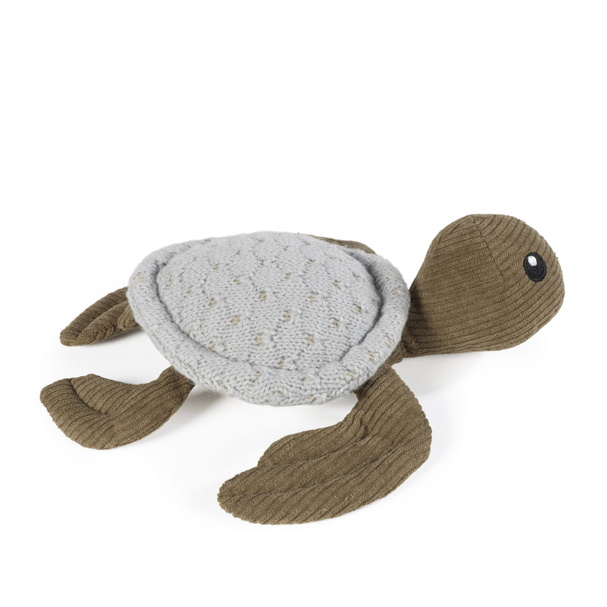 Brinquedo de peluche em forma de tartaruga com concha cinzenta e corpo castanho