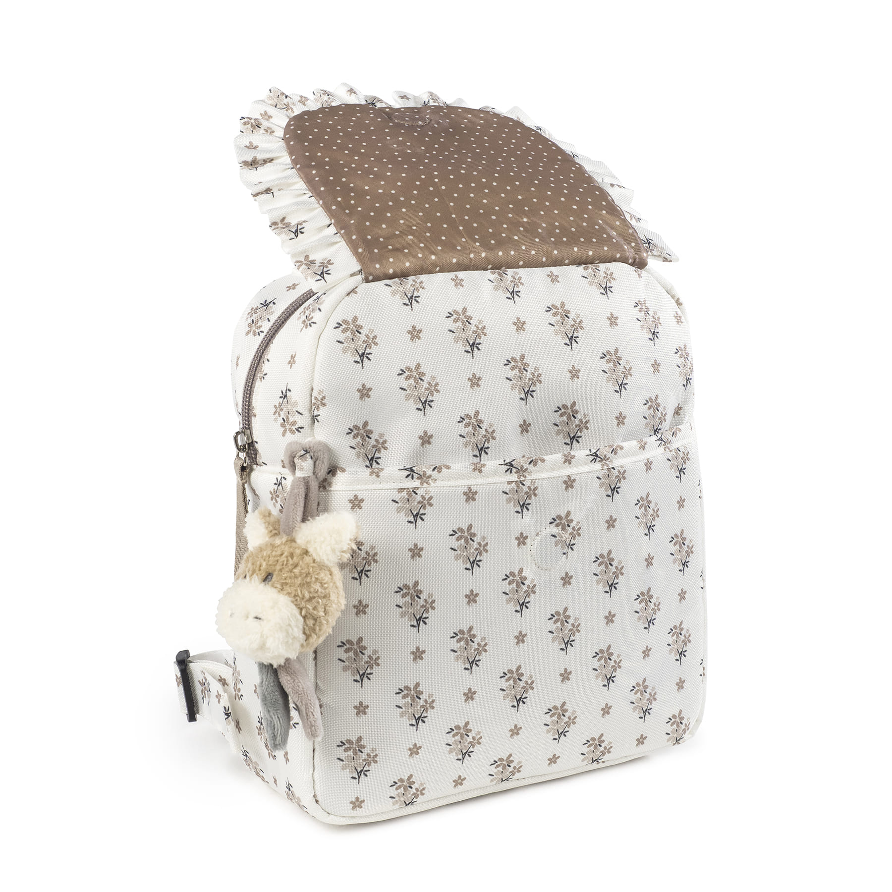 Mochila branca com padrão floral e pendente de peluche