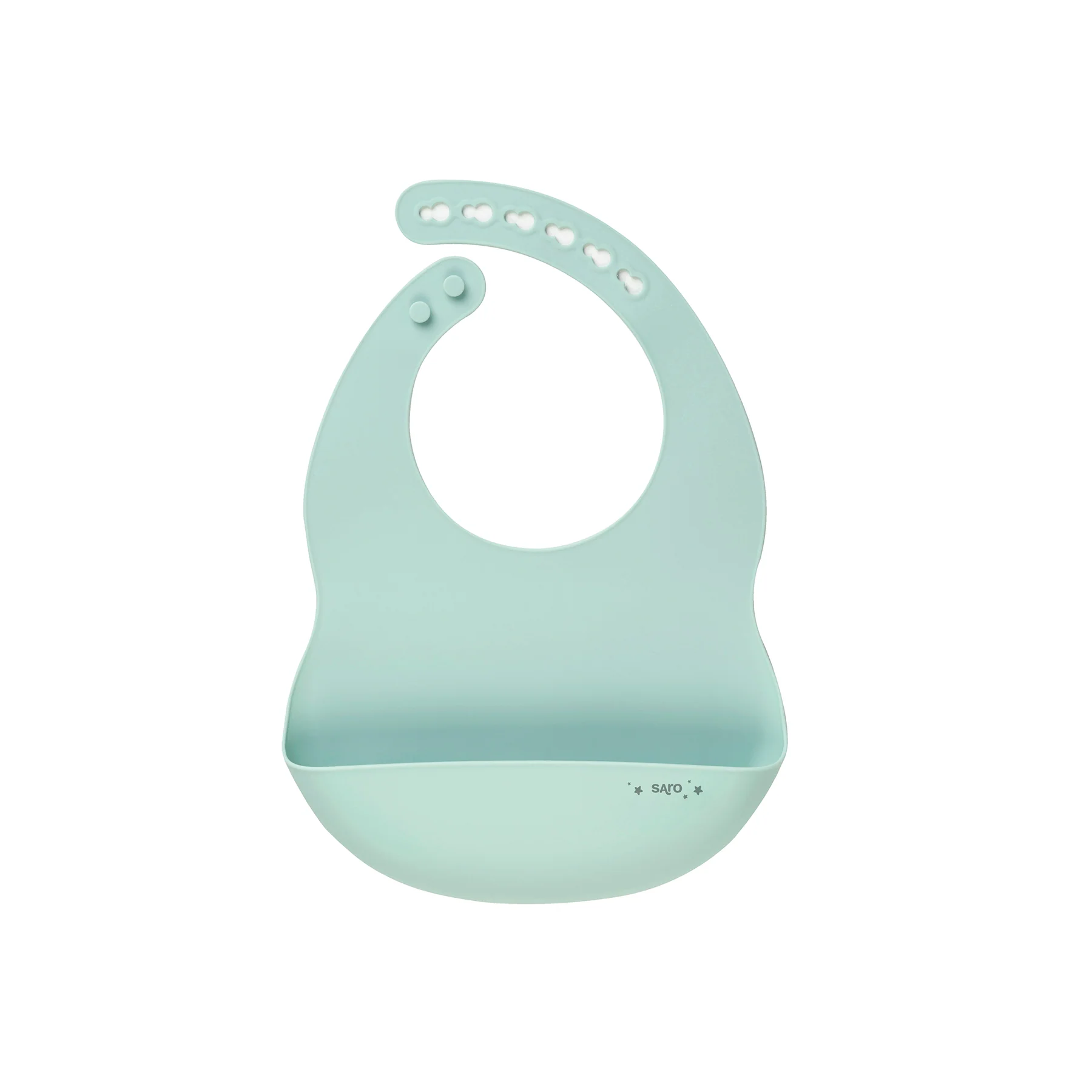 Babete de silicone azul claro com bolso e botões de ajuste