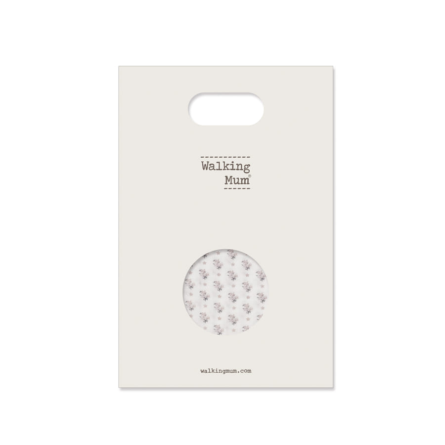 Saco de papel branco com texto Walking Mum e padrão floral